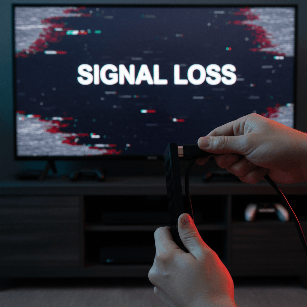 Person holding an HDMI cable connected to a gaming console, showing a loose wobbling connection