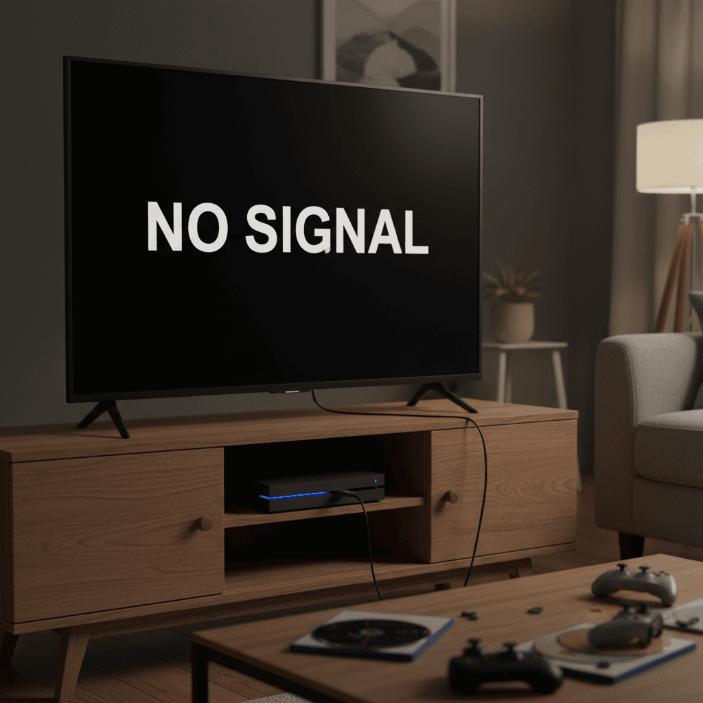 PS5 console connected to a TV displaying a no signal error message