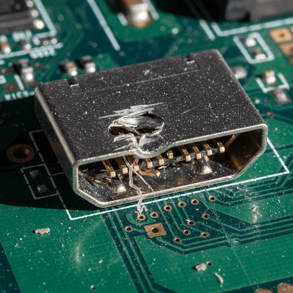 Close up of a damaged HDMI port on a circuit board with visible bent pins