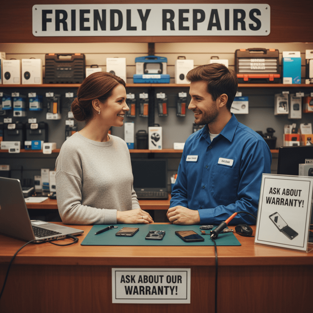 Customer speaking with a technician at a repair shop counter discussing the repair estimate
