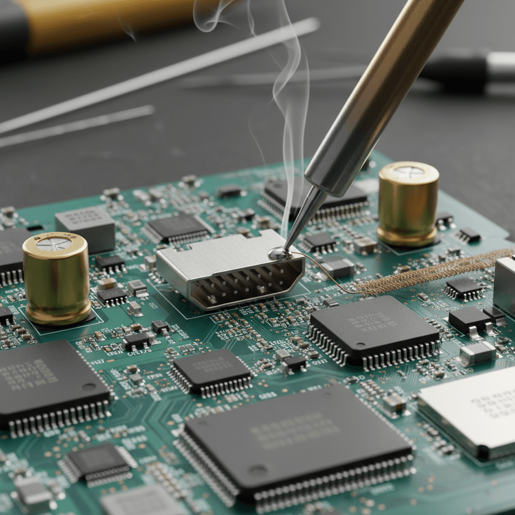 Close-up of a technician soldering a new HDMI port onto a circuit board with precision