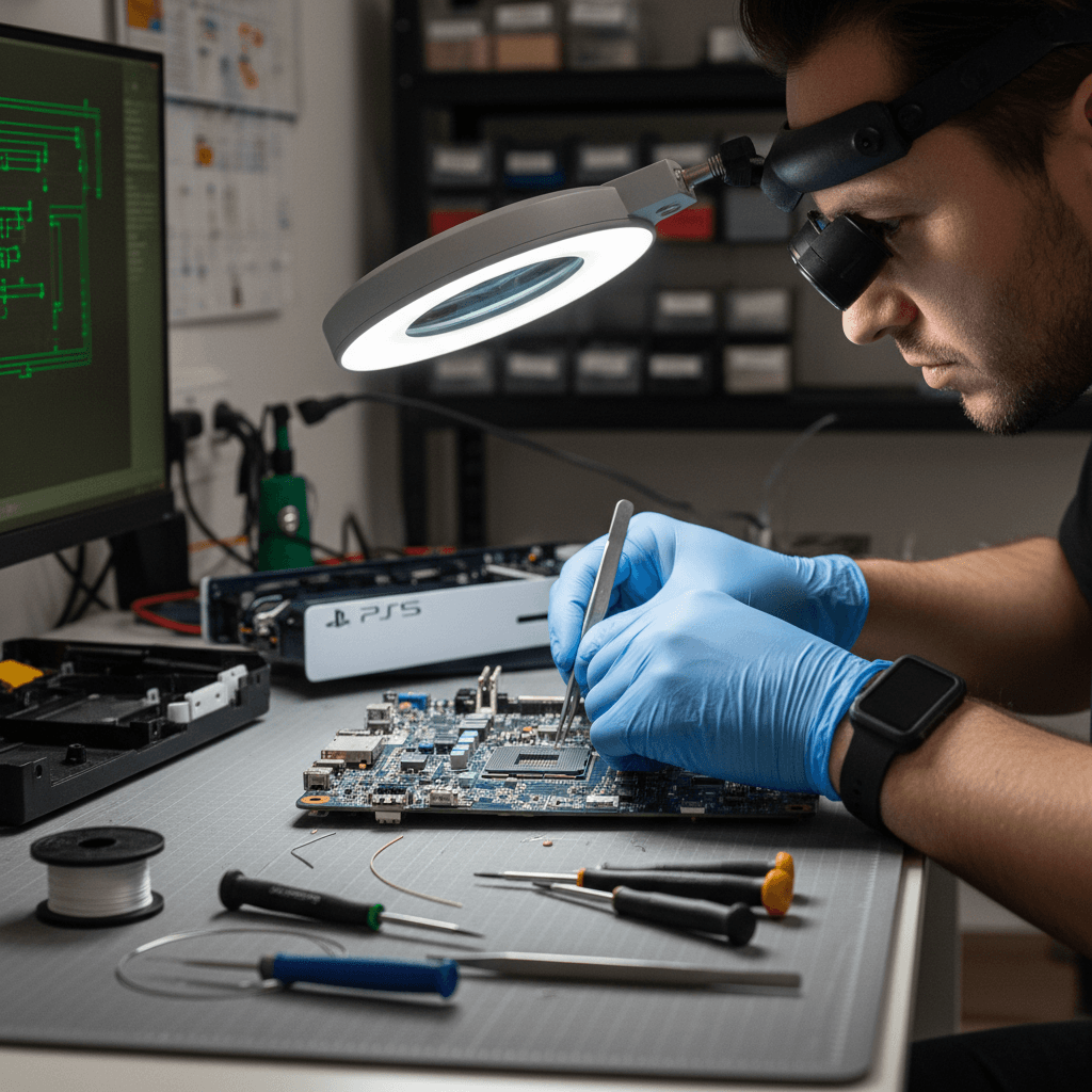 Technician repairing a PS5 motherboard at a clean workbench with soldering equipment