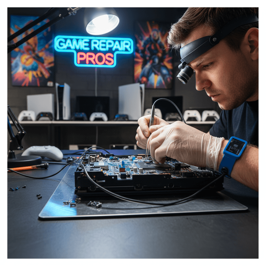 Sole technician concentrating on repairing a gaming console at a clean workstation