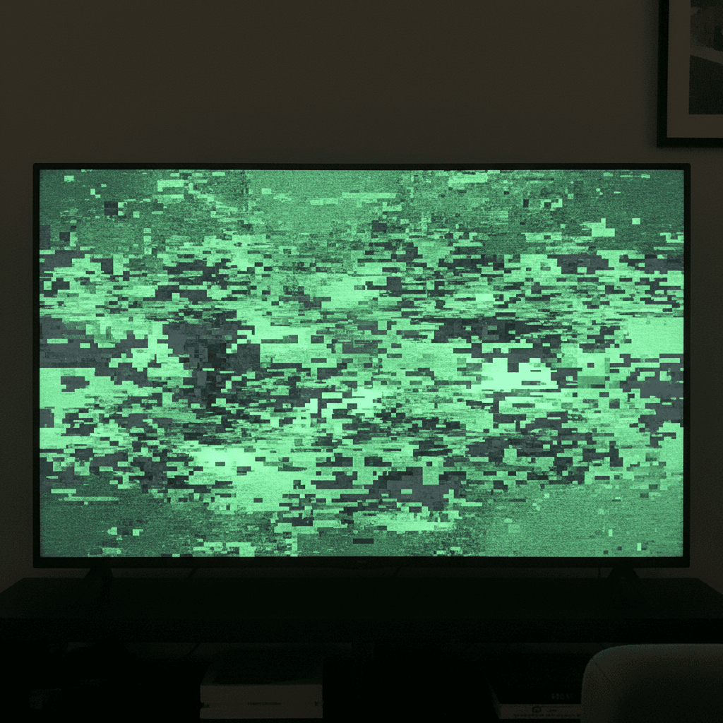 TV screen displaying flickering green static and pixelation caused by a faulty HDMI signal