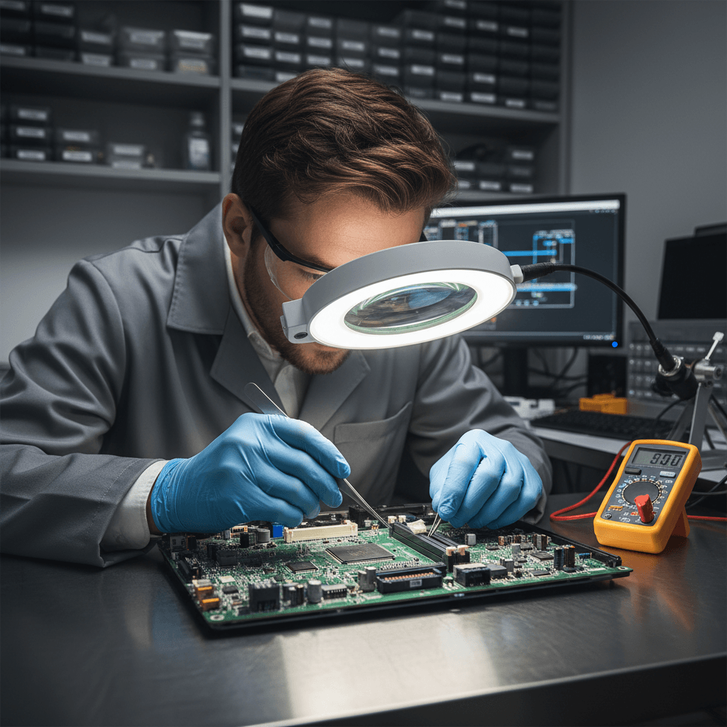 Technician inspecting a gaming console motherboard under a bright magnifying light