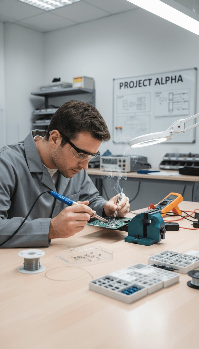 Technician soldering a circuit board in a clean workshop