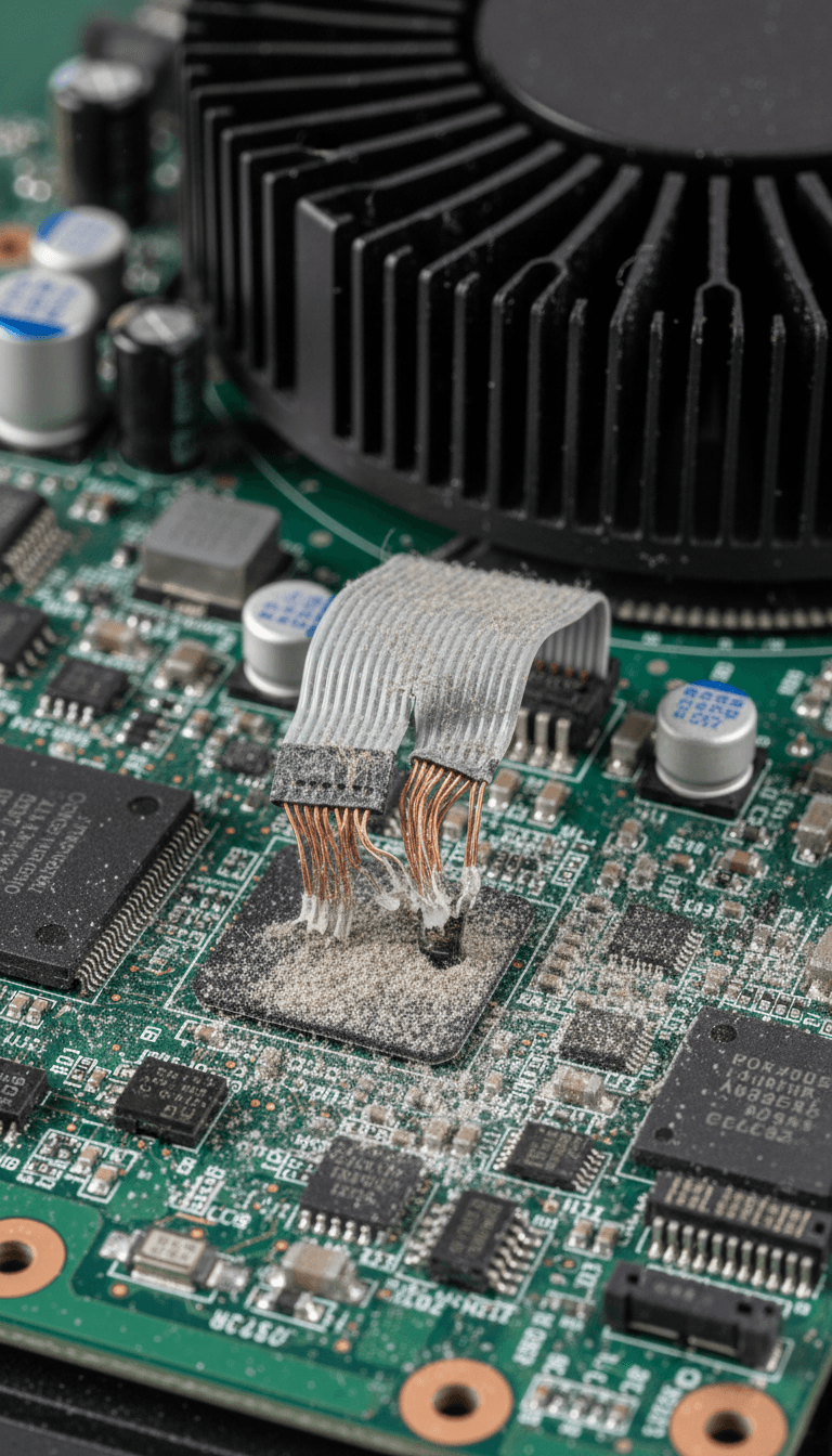 Close-up of a circuit board with a torn cable and dust inside a gaming console
