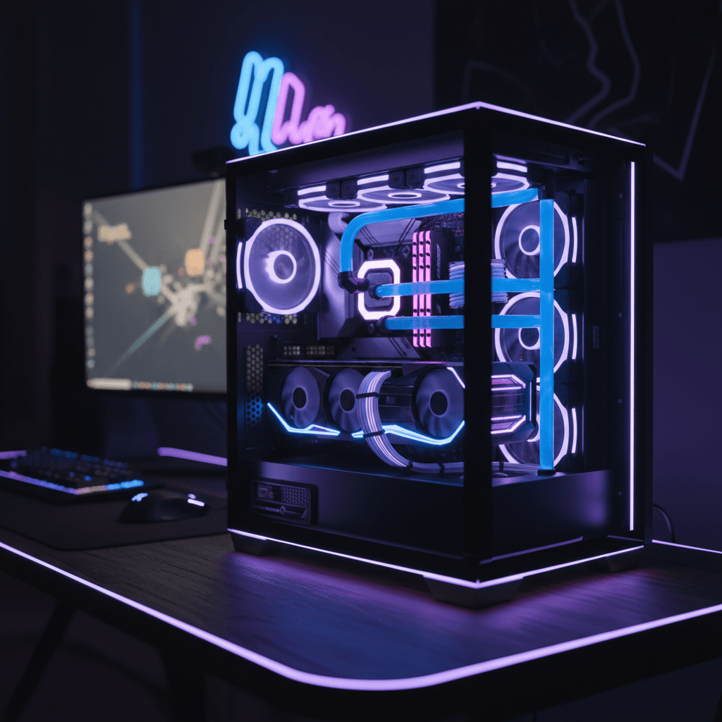 Custom gaming PC tower with illuminated RGB lighting and premium components visible through tempered glass case