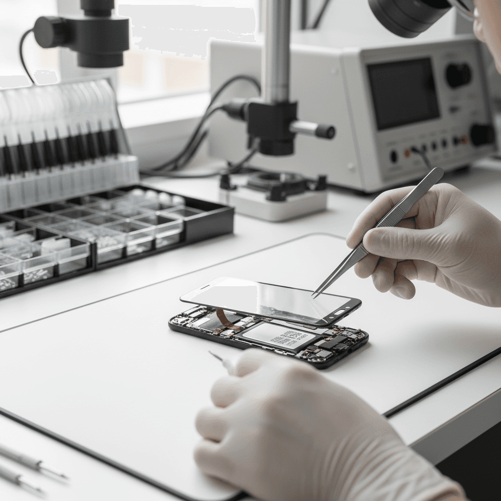 Technician hands carefully installing smartphone screen using precision tools on clean white workstation with natural lighting