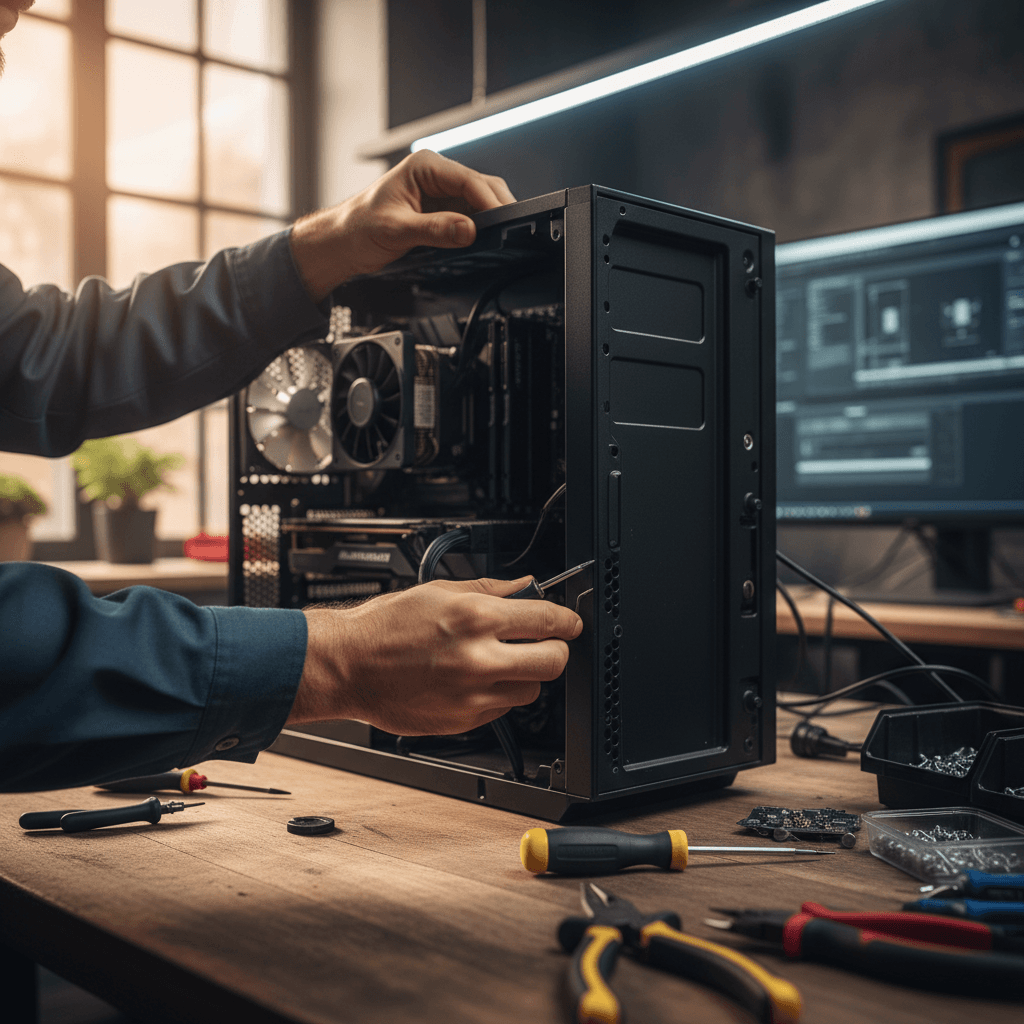 Computer technician's hands removing desktop computer side panel in bright repair workshop