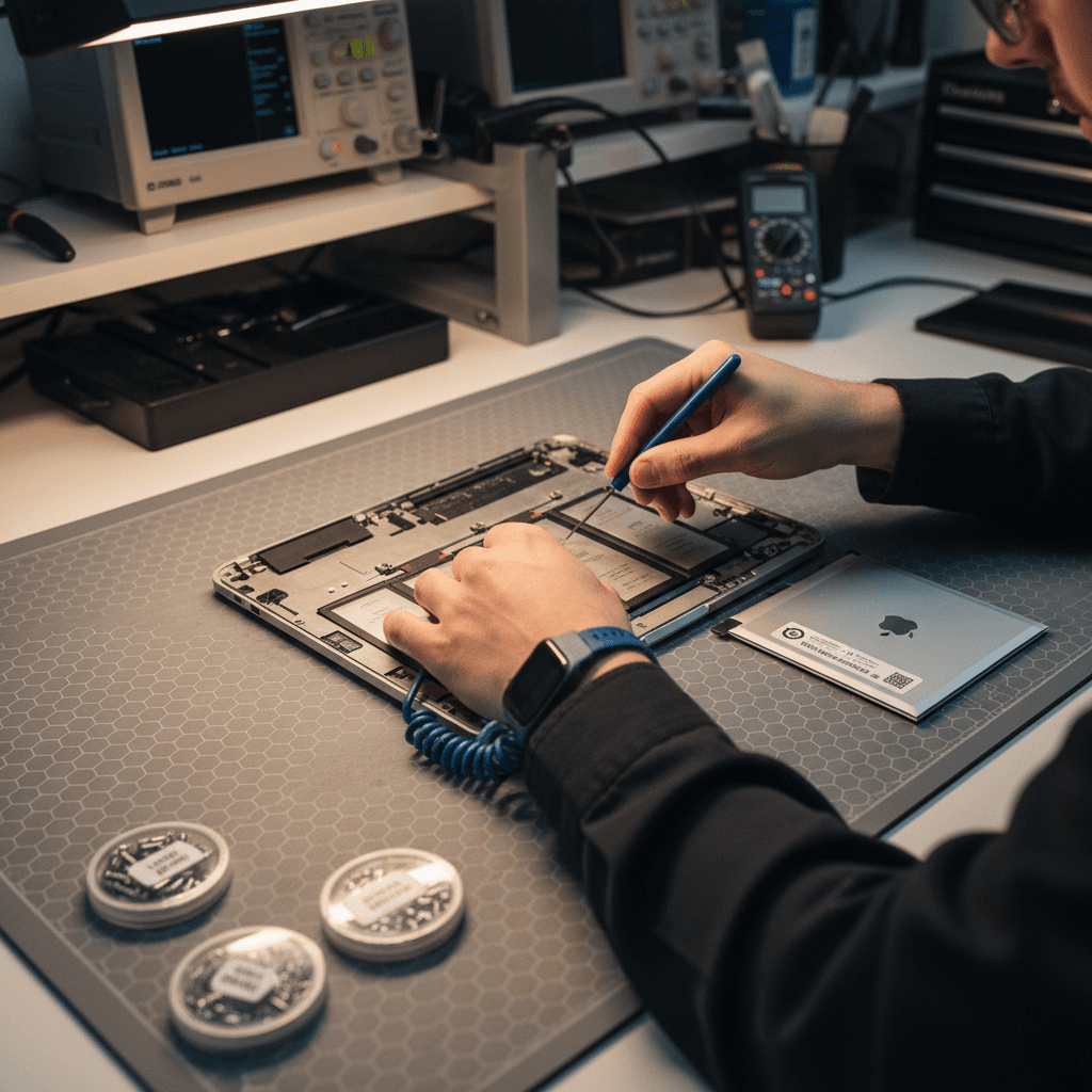 Technician's hands carefully replacing MacBook battery using precision tools on anti-static mat